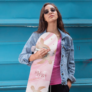 Skateboard Tortue d'or rose encre de marbre rose Votre nom