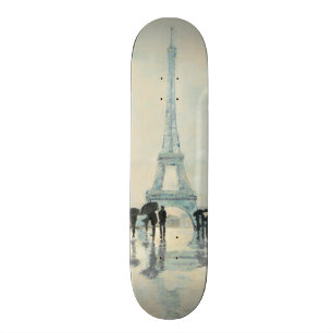 Skateboard Tour Eiffel Paris sous la pluie