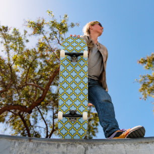 Skateboard Trellis bleu et jaune, treillis, Quatrefoil