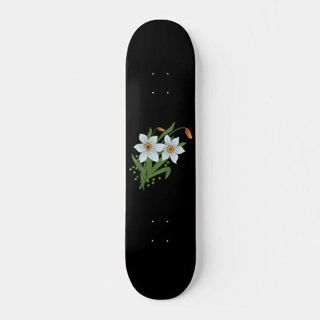 Skateboard Tulipes et jonquilles Fleurs Fond noir (Devant)