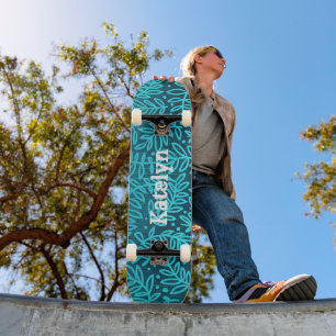 Skateboard Turquoise bleu feuille motif nom personnalisé cool