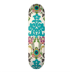 Skateboard Turquoise florale de prune de motifs de damassé