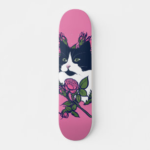 Skateboard Tuxedo Cat Peony Floral Art Tuxie Cats