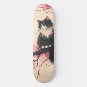 Skateboard Tuxedo Chat sur la fleur de cerise esthétique japo