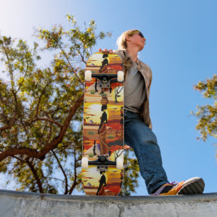 Skateboard Une belle femme africaine Silhouette sur les solei