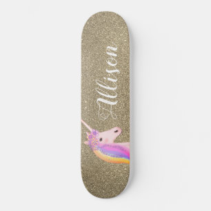 Skateboard Unicorn Gold Glitter Sparkles Girl Personnalized