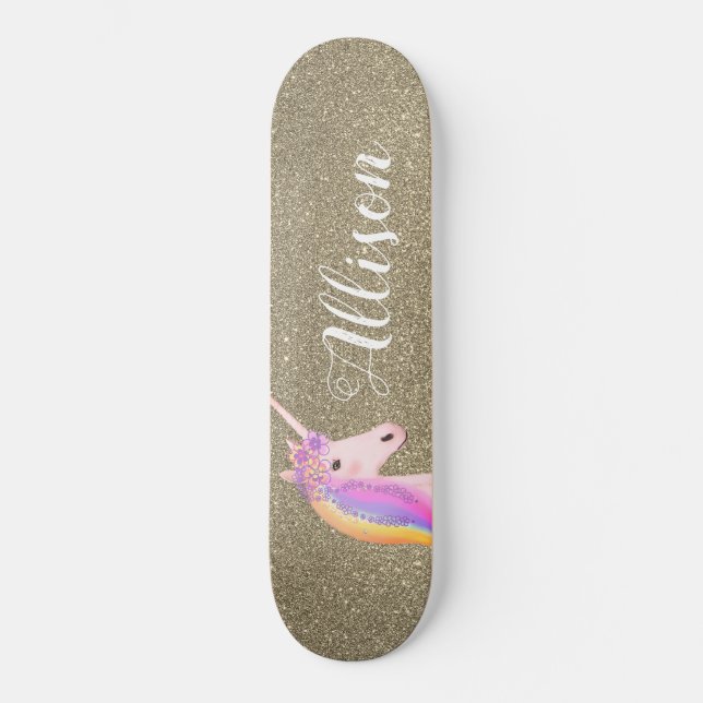 Skateboard Unicorn Gold Glitter Sparkles Girl Personnalized (Recto)