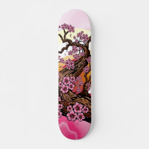 Skateboard Vague de peinture rose Cerisier en fleurs Coucher