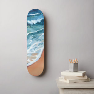 Skateboard Vagues océaniques bleu aquarelle côtier