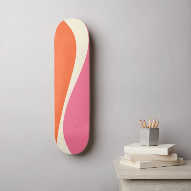 Skateboard Vagues simples 2 en rose, orange et crème (Art mural)