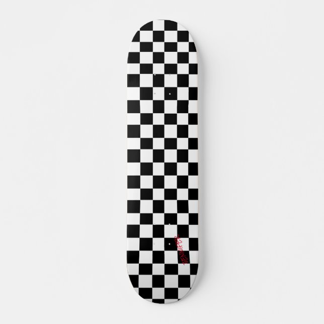 Skateboard Vérificateurs blancs et noirs et nom ou texte (Devant)