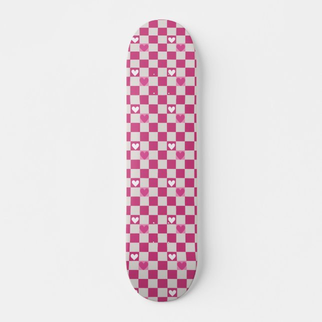 Skateboard Vérificateurs et coeurs roses (Devant)