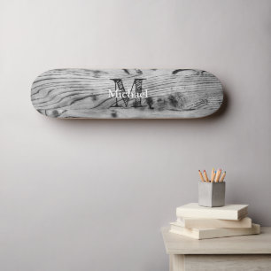 Skateboard Vintage rustique gris noir bois brûlé Monogramme