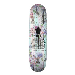 Skateboard Vintage turquoise stripes paris collage rose flora