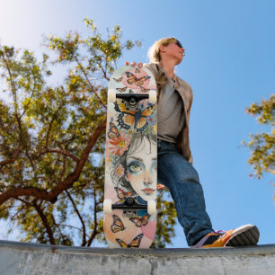 Skateboard Visage de fille avec papillons monarques en pastel
