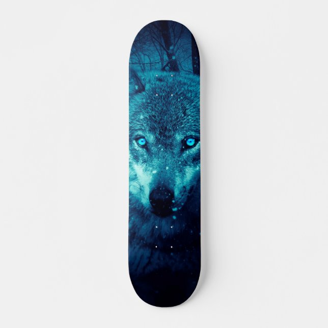 Skateboard Visage de loup dans la forêt d'imaginaires sombres (Devant)