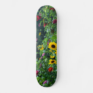 Skateboard Vue jardin, marguerites, cosmos, tournesols, maman