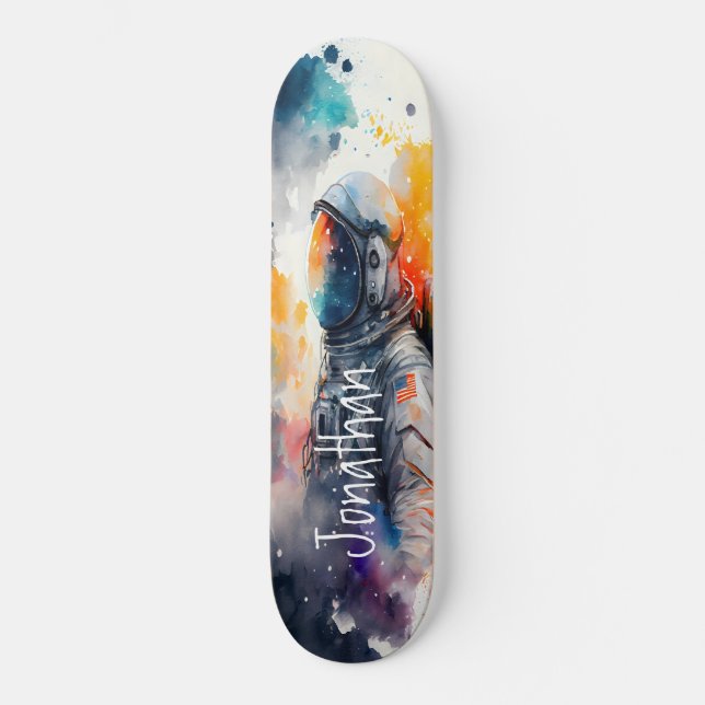 Skateboard Wasserfarbenmoon Astronaut (Vorderseite)