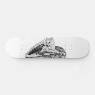 Skateboard Wolf and Raven black and white design