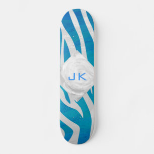 Skateboard Zèbre bleu et blanc avec Monogramme