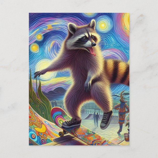Skateboarden Adventure Surreal Raccoon Postkarte (Vorderseite)