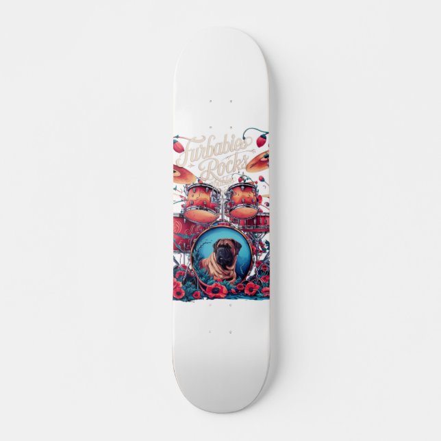 Skateboarden Furbabys Art - Rock & Roll Vibes auf Skateboard (Vorne)