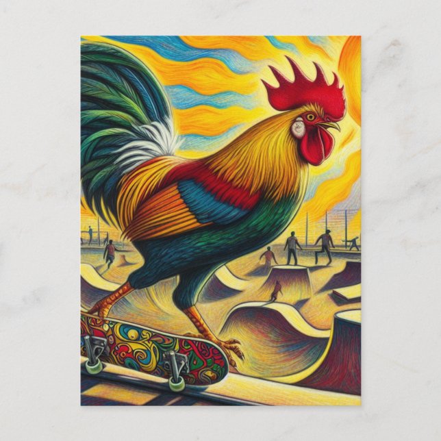 Skateboarden Rooster Farbenfroh und Spaß Postkarte (Vorderseite)