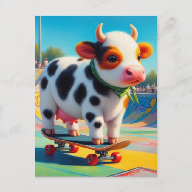 Skateboarden Surreal farbenfrohe und lustige Kuh Postkarte (Vorderseite)