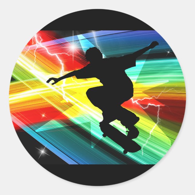 Skateboarder in Criss Cross Blitze Runder Aufkleber (Vorderseite)