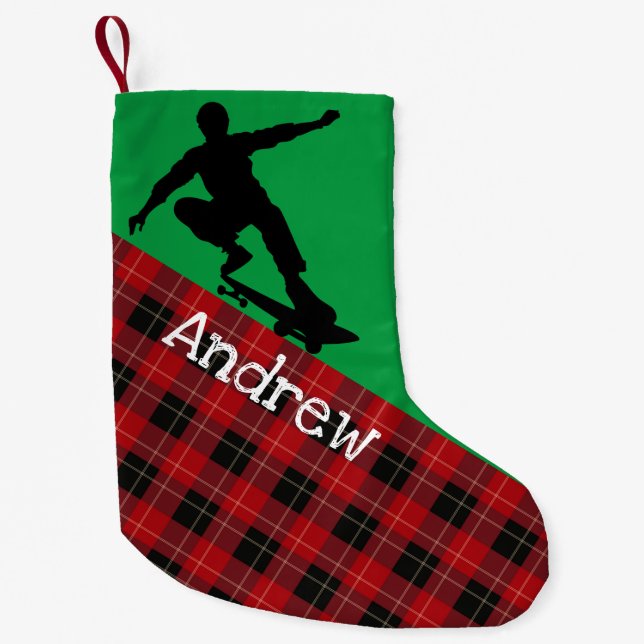 Skateboarder Silhouette Grün mit rotem Flanell Kleiner Weihnachtsstrumpf (Vorderseite)