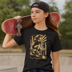 Skateboarderin im Retro-Art-Deco-Stil in Gold T-Shirt