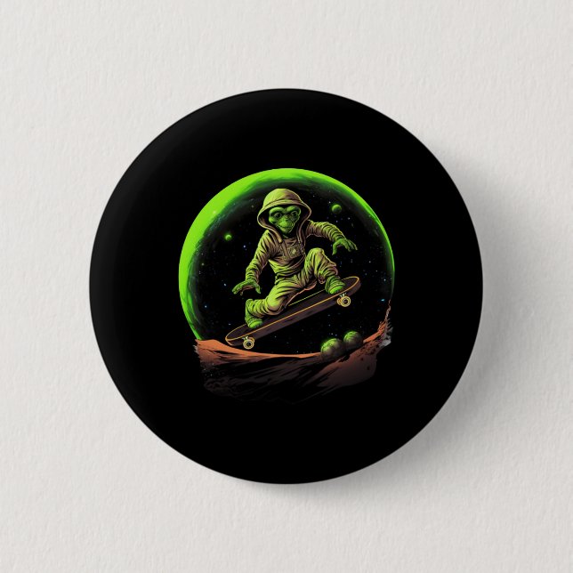 Skateboarding-Alien auf dem Ring des Saturn Außerh Button (Vorderseite)