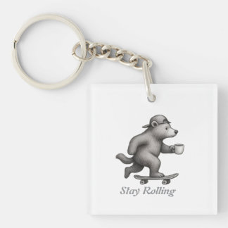 Skateboarding Bear Stay Rolling with Coffee Cup Schlüsselanhänger