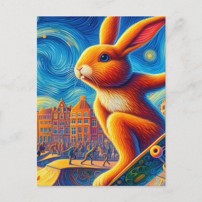 Skateboarding Brawn Bunny Surreal Farbe und Spaß Postkarte (Vorderseite)