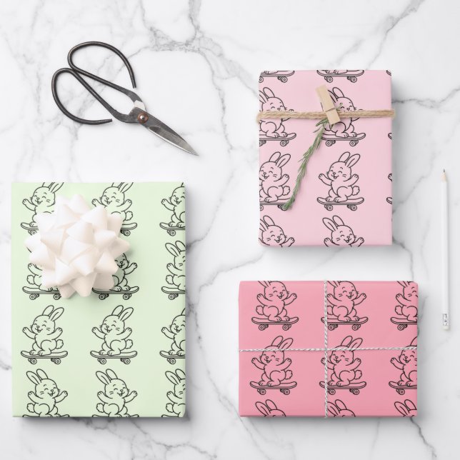 Skateboarding Bunny Geschenkpapier Set (Vorderseite)