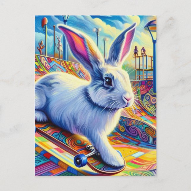 Skateboarding Bunny Surreal Farbe und Spaß Postkarte (Vorderseite)