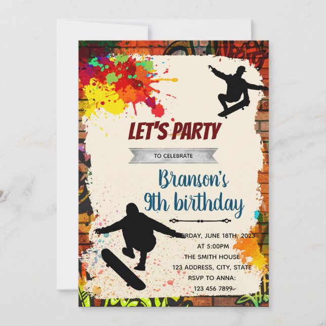 Skateboarding graffiti birthday party invitation (Devant)
