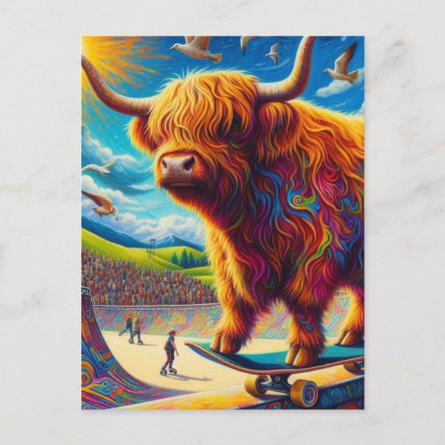 Skateboarding Highland Kuh farbenfroher Spaß Surre Postkarte (Vorderseite)