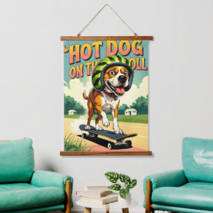Skateboarding-Hund Sommer Lustig Retro-Strand Wandteppich Mit Holzrahmen