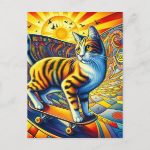 Skateboarding Kitty Surreal Farbenfroh und Spaß Postkarte