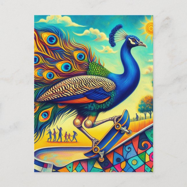 Skateboarding Peacock Colorful and Fun Postkarte (Vorderseite)