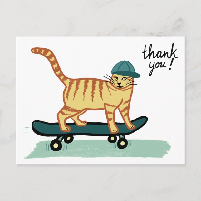 Skateboarding Tabby Cat DANKE Postkarte (Vorderseite)