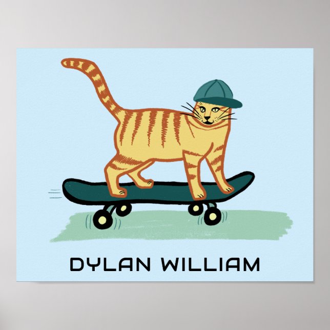 Skateboarding Tabby Cat Niedlich INDIVIDUELLE NAME Poster (Vorne)