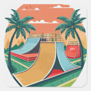 Skateboardparadies: Retro-Skateboard-Parks Quadratischer Aufkleber