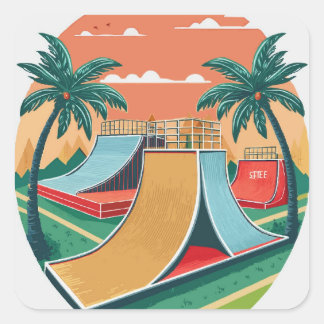 Skateboardparadies: Retro-Skateboard-Parks Quadratischer Aufkleber