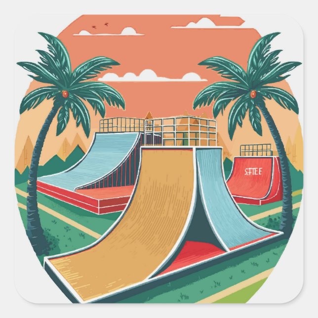 Skateboardparadies: Retro-Skateboard-Parks Quadratischer Aufkleber (Vorderseite)