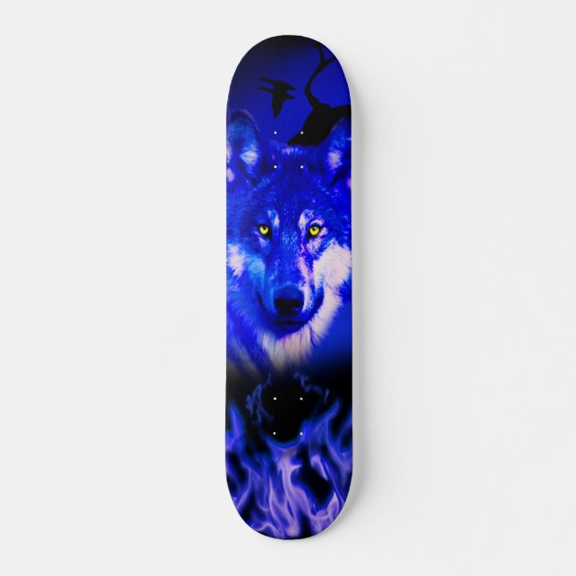 Skateboards+Wolf+Tier+Wasserfarbe+grün+blau Skateboard (Vorne)