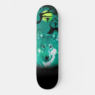 Skateboards+Wolf+Wasserfarbe+grün+blau+modern Skateboard
