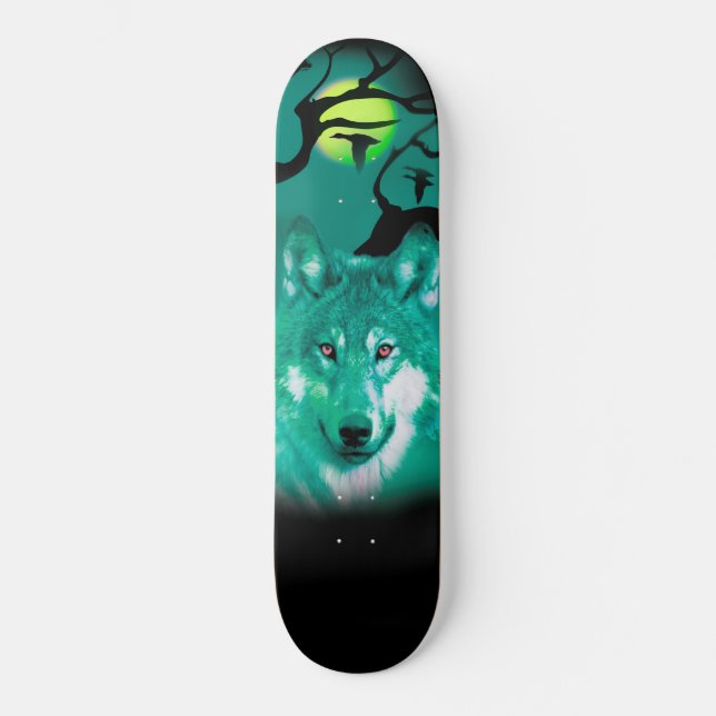 Skateboards+Wolf+Wasserfarbe+grün+blau+modern Skateboard (Vorderseite)