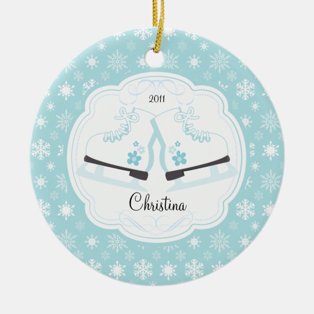 Skaten-Eis-Skate-datierte Weihnachtsverzierung Keramikornament (Vorne)
